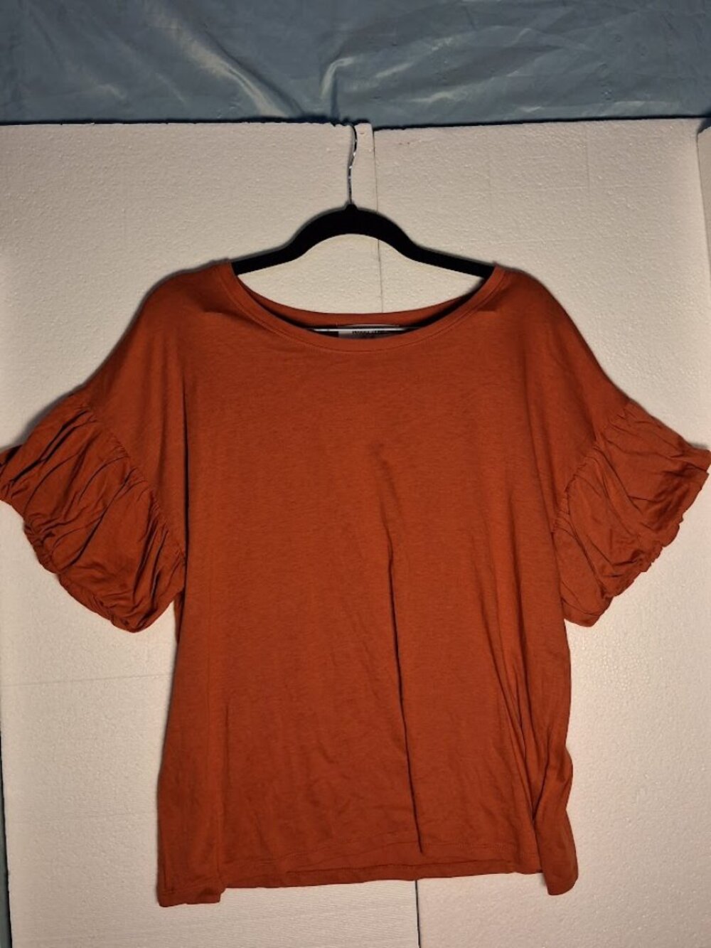 Double Zero Ruffle Sleeve Top Large Orange Terracotta Cotton Modal Blouse